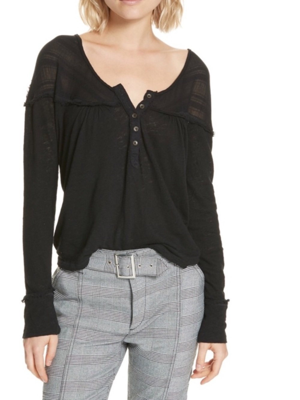 We The Free Down Under Black Oversized Henley Long Sleeve Top (Small)